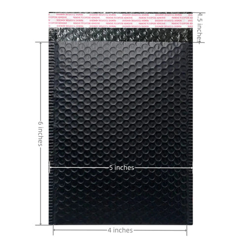 Black Bubble Mailers 4x6 Inch Self Seal Padded Envelopes Made With Thick Poly Bubble, 50 Pack shown with measurement details.