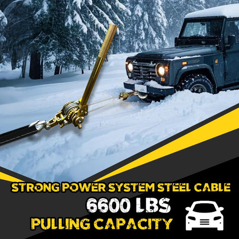 SENKEYFE come-along winch puller 3T with steel cable and gold finish, attached to a snow-covered vehicle