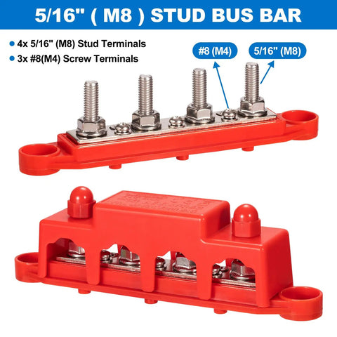 Heavy Duty 12V Bus Bar Power Distribution Block 250A Rock Solid Stainless Steel Junction Terminal Strip With Beefy M8 Studs For Serious Automotive Mods And Wiring Setup, 5/16" M8 stud terminals.