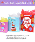 Eight Pack Birthday Gift Bags With Ribbon Handles And Tissue Paper, Assorted Sizes Including Extra Large, Large And Medium