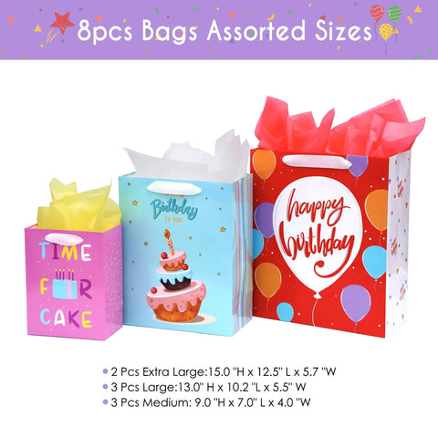 Eight Pack Birthday Gift Bags With Ribbon Handles And Tissue Paper, Assorted Sizes Including Extra Large, Large And Medium