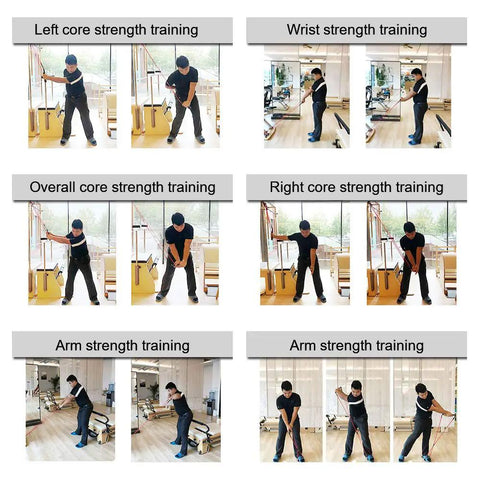 Golf Swing Training Resistance Band Set for Home Practice with exercises for core, wrist, and arm strength training.