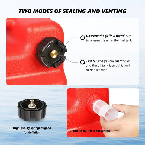 Portable 24L 6 Gallon Marine Fuel Tank For Boats And Yachts With Hose Red Leak Free Fuel Flow showing sealing and venting modes