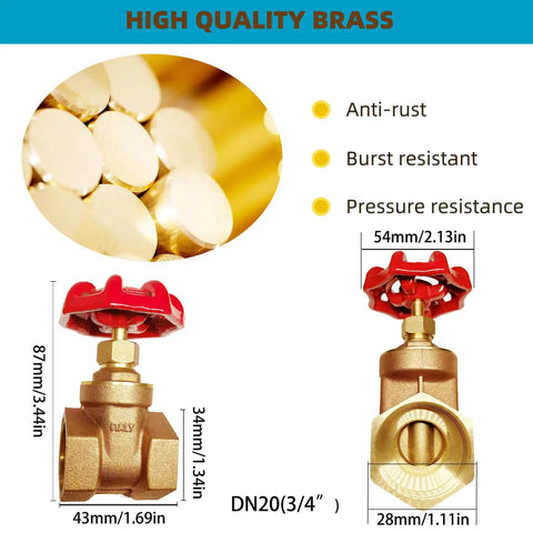 Brass Gate Valve DN20 NPT 0.75 Inch Female Thread Rotary Globe Valve dimensions and features for flow control.