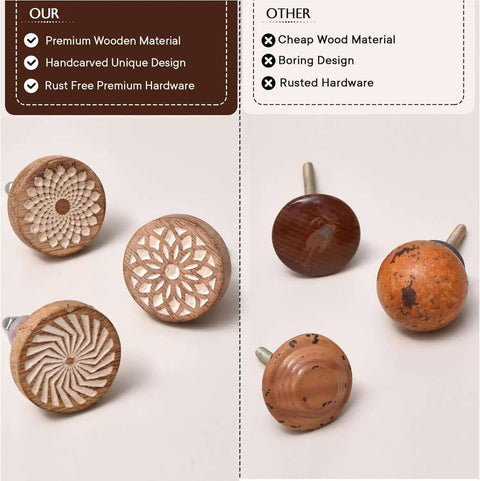 Comparison of Boho Bulk Wooden Drawer Knobs Set With 300 Pieces and other wooden knobs, highlighting brown floral designs.