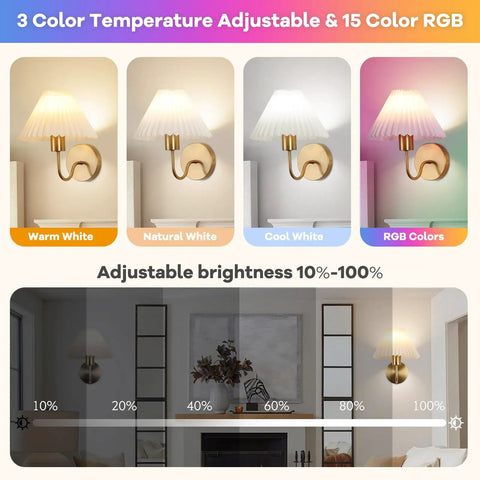 Two Pack Battery Operated Wall Sconces With Pleated Shades, USB Rechargeable Gooseneck Gold Finish Vanity Lights, color modes shown