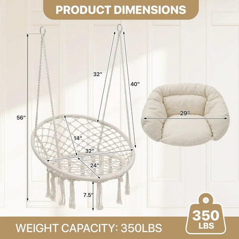 Hanging Hammock Chair Macrame Swing Chair With Cushion For Adults Teens Outdoor Porch Bedroom 350 Lb Capacity Beige Boho