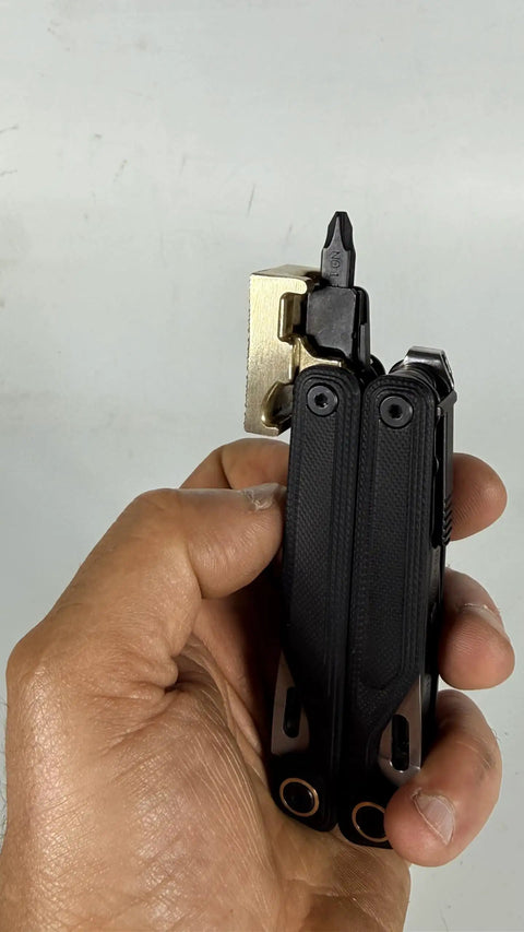 Brass Hammer Head Modification for EDC Multitool Upgrade shown in hand with CNC Made Dual Locking System, USA Crafted
