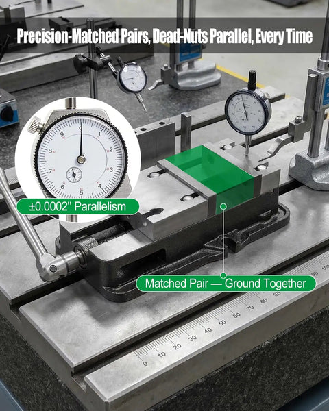 Six Inch Milling Vise Jaws Set in Soft Aluminum, Replacement Jaws for 6 Inch Vises, Built for Side Milling, Deep Slot Work, and Small Parts, GMT Style Compatible, Similar to Go To Vise Jaws for Max Clearance. Precision ground 6061 T6 aluminum jaws on a vise