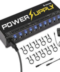 DP-1 Guitar Pedal Power Supply With 10 Isolated Outputs for 9V 12V and 18V Effects Noise Reduction Circuit Lightweight Aluminum Housing Perfect Pedalboard Hub for Studio and Live Gigs., black aluminum pedal power supply with 10 outputs, cables and adapter