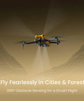 Your Go To Ultra Light Drone With 4K Video, 8K Photo, Sub 249g Build flying with 360-degree sensing in golden foggy scene