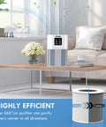 Living room with air purifier on table showing A1 A1W Air Purifier Replacement Filter H13 True HEPA 2 Pack Compatible With HQSC50 HQKJ80
