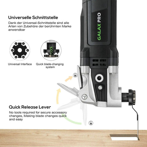 Heavy Duty Pro Grade Oscillating Multi Tool Kit With 6 Variable Speeds 3.5A Quick Clamp System Change 30 Accessories 4 Degree Oscillating Angle For Cutting Sanding Grinding Built For Do It All Home Renovations And Quick Duct Trim Jobs showing blade changing system.