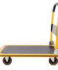 Heavy Duty Foldable Platform Push Cart With 660 Lb Capacity, Steel Construction And Swivel Casters For Smooth Mobility, Your Go To Haul Buddy For Warehouse, Garage Or Home Workshop. Folded handle side view.