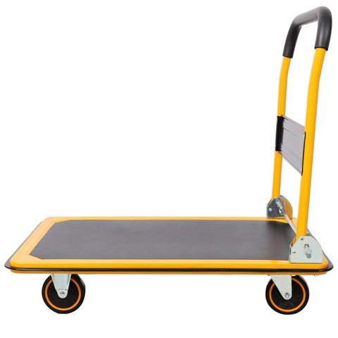 Heavy Duty Foldable Platform Push Cart With 660 Lb Capacity, Steel Construction And Swivel Casters For Smooth Mobility, Your Go To Haul Buddy For Warehouse, Garage Or Home Workshop. Folded handle side view.