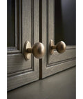 Aspen Round Cabinet Knob In Light Bronze Finish, One And One Eighth Inch Diameter, Seven Eighths Inch Projection on gray cabinets