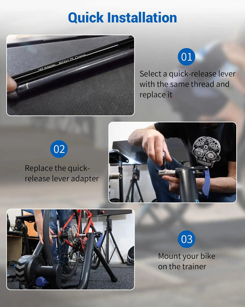Steps showing installation of 12x142 Thru Axle Adapter for Wahoo KICKR SNAP Bike Trainer with Aluminum Alloy Construction