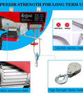 Front view: electric hoist with remote, 1760 lb capacity, aviation aluminum shell, coated steel cable, hook