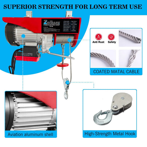 Front view: electric hoist with remote, 1760 lb capacity, aviation aluminum shell, coated steel cable, hook