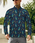 Man wearing Mens Little Dragon Star Long Sleeve Fishing Shirt With One Quarter Zip Chin Guard Sun Protection Stand Up Collar.