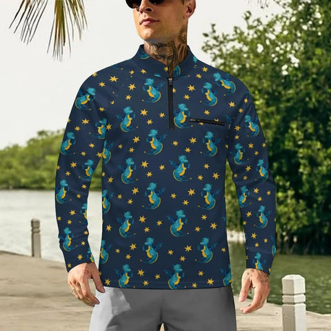 Man wearing Mens Little Dragon Star Long Sleeve Fishing Shirt With One Quarter Zip Chin Guard Sun Protection Stand Up Collar.
