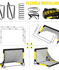 Assembly instructions for Two Pack Easy Fold Portable Pop Up Soccer Goals 6x4 And 7x5 Ft Backyard Training Set with components shown.