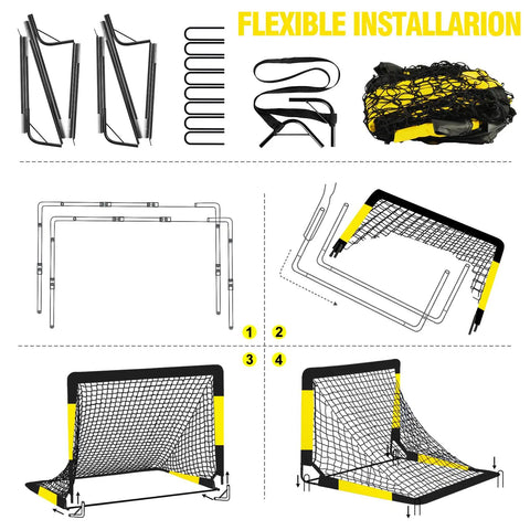 Assembly instructions for Two Pack Easy Fold Portable Pop Up Soccer Goals 6x4 And 7x5 Ft Backyard Training Set with components shown.