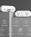 Dual Outlet Smart Plug 15A WiFi Extender displayed with control features icons and two independent outlets visible