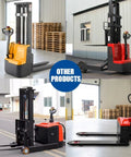 Various angles of Heavy Duty Electric Pallet Stacker Battery Powered Hydraulic Lift Truck in a warehouse setting.