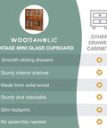 Four Piece Stackable Mini Cupboard Set With Eight Drawers And Glass Doors In Dark Mahogany Wood product features