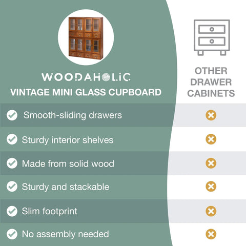 Four Piece Stackable Mini Cupboard Set With Eight Drawers And Glass Doors In Dark Mahogany Wood product features