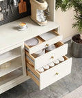 Kitchen cabinet with open drawers showing 22 Inch Full Extension Drawer Slides 5 Pairs Heavy Duty 100lb Capacity Soft Close Ball Bearing Side Mount Cabinet Glides For Kitchen And Bathroom Remodel Whisper Quiet Satin Nickel Finish.