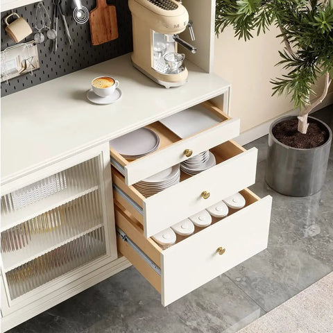 Kitchen cabinet with open drawers showing 22 Inch Full Extension Drawer Slides 5 Pairs Heavy Duty 100lb Capacity Soft Close Ball Bearing Side Mount Cabinet Glides For Kitchen And Bathroom Remodel Whisper Quiet Satin Nickel Finish.
