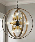 12 Light Farmhouse Dining Room Chandelier With Adjustable Chain In Oak And Brass Finish, shown close-up with vintage bulbs.