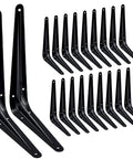 Heavy Duty Black Metal L Bracket Set For 8 Inch Shelves Dope Wall Braces With Rustic Farmhouse Vibe For Wood Shelves DIY Setup And Strong Storage 20 Pack shown in a set of 20 brackets in two piles with eight-inch size on display