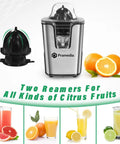 Pramedia Cordless Electric Citrus Juicer 60W Stainless Steel USB-C Rechargeable Orange Squeezer with two reamers and fruits.