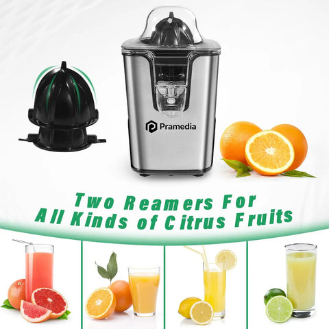 Pramedia Cordless Electric Citrus Juicer 60W Stainless Steel USB-C Rechargeable Orange Squeezer with two reamers and fruits.