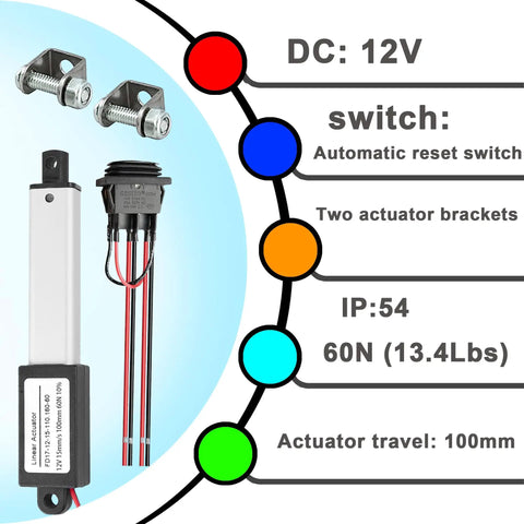 12V Mini Linear Actuator With 4 Inch Stroke, 60N Load, mounting brackets, automatic reset switch, IP54 waterproof rating displayed