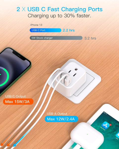 White European travel plug adapter with 2 USB-C ports and a USB-A port