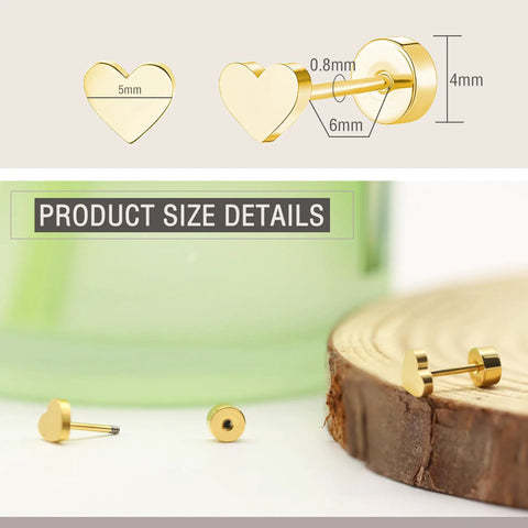 Heart Shaped Titanium Stud Earrings With Flat Back For Sensitive Ears 5mm Gold Tone Screw On Cartilage Earrings Hypoallergenic Nickel Free Lightweight Everyday Wear For Women And Men Skin Safe, size detail view