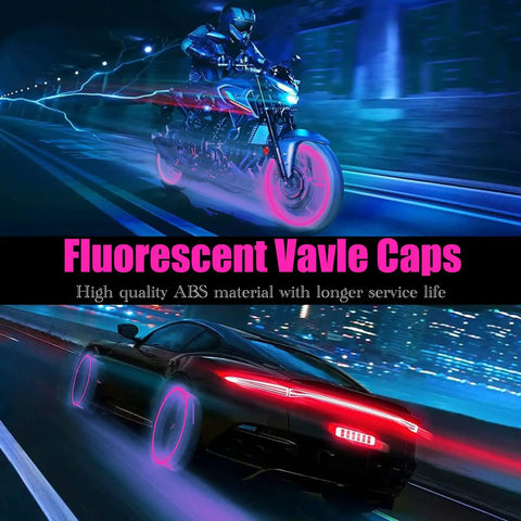 Eight Pack Fluorescent Glow Tire Valve Stem Caps Lit Car Tire Air Caps That Are Corrosion Resistant And Leak Proof Wheel Valve Covers Universal Fit For Cars Trucks Bikes Motorcycles Bicycles Pink on motorcycle and car.