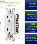 Solid Build 20 Amp Self Test Gfci Outlet With Clear Led Status Light Auto Ground Fault Protection Slim Tamper Resistant Design, 15A outlet, 20A feed-through.