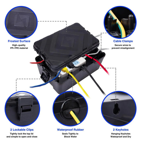Outdoor Waterproof Electrical Box IP54 Weatherproof Outlet Cover for Extension Cords and Power Strips Socket Plug Guard; open view with cords.
