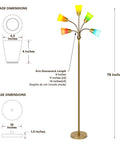 Lit Five Head LED Floor Lamp for Living Rooms and Offices with dimensions and interchangeable shade details.
