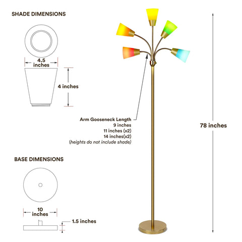 Lit Five Head LED Floor Lamp for Living Rooms and Offices with dimensions and interchangeable shade details.