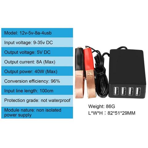 4 Port 5V USB Car DC Converter Charger 8A Buck Regulator with Battery Clip for 12V and 24V Systems shown with specifications.