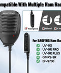 Ham Radio Speaker Microphone For UV 9G UV 9R Pro Walkie Talkies Rugged 2 Pack displayed with compatibility details