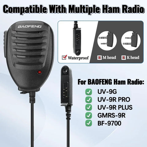 Ham Radio Speaker Microphone For UV 9G UV 9R Pro Walkie Talkies Rugged 2 Pack displayed with compatibility details