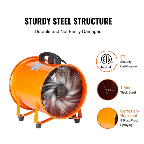 Side view of the VEVOR Air Mover Blower Fan 10 Inch, 1893CFM 380W, with 33ft Flexible Duct, featuring a steel structure and ETL certification