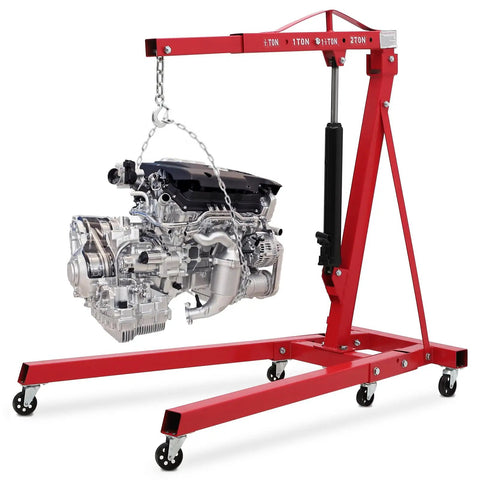 Top Tier 2 Ton Folding Cherry Picker Engine Hoist With Lever And Six Swivel Casters, 4400 Lbs Hydraulic Shop Crane lifting an engine.